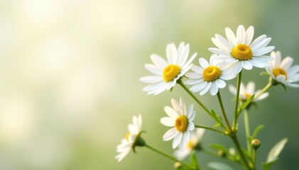 Sun-dappled chamomile blossoms, subtle white backdrop , design, backdrop, elegant