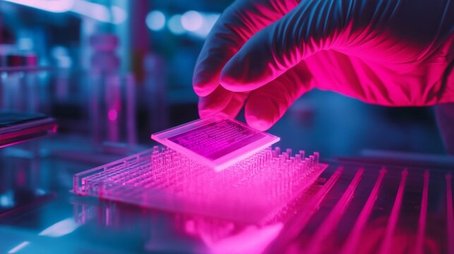 Hand Holding EPROM Chip Under UV Light in Laboratory Setting