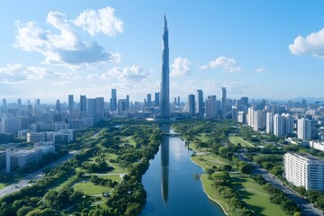 Obraz premium A towering skyscraper pierces the blue sky, reflected in a tranquil lake surrounded by lush greenery