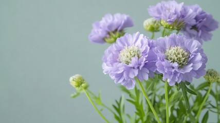 Scabiosa With Pincushion-Like Purple Flowers on a Soft Green Background