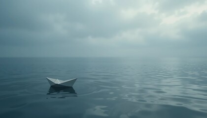 Obraz premium paper boat floating on a calm ocean under a cloudy, 