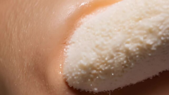close-up studio video of a makeup sponge gently bouncing and blending foundation on skin, creating a flawless finish concept of beauty and cosmetics