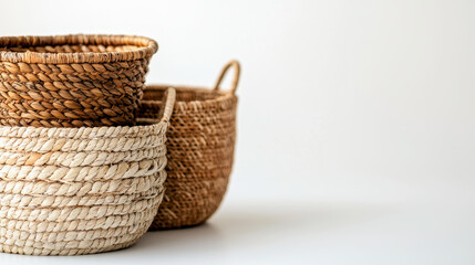 Obraz premium Minimalist image of woven baskets in natural colors, showcasing texture and simplicity, perfect for home decor or storage solutions