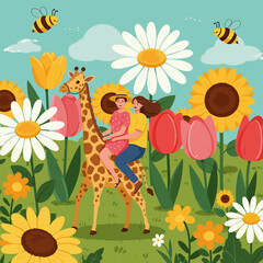 People Riding Giraffe Through Whimsical Flower Garden with Flying Bees
