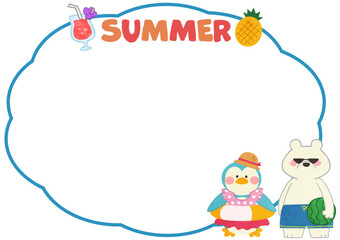 水着姿のシロクマとペンギンの夏のイラストフレーム素材