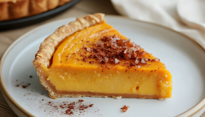 Slice of delicious homemade pumpkin pie on plate, closeup