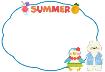 可愛いシロクマとペンギンの夏のイラストフレーム素材