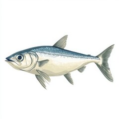 Sleek Silvery Sardine Illustration with Detailed Features and Realistic Texture on White Background