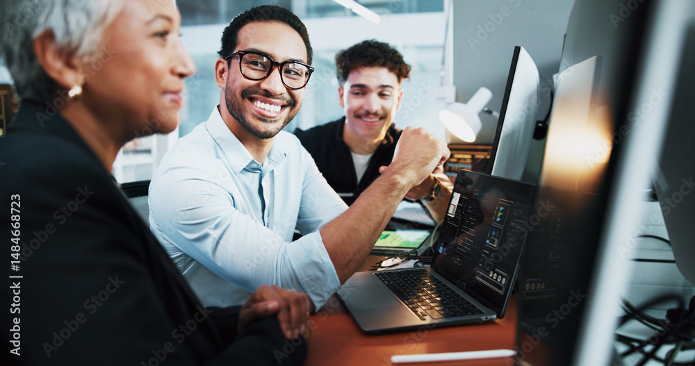Leinwandbilder Office, teamwork and business people with laptop for coding, programming and conversation at night. Coworking, employees and programmers with tech for software update, web development and deadline