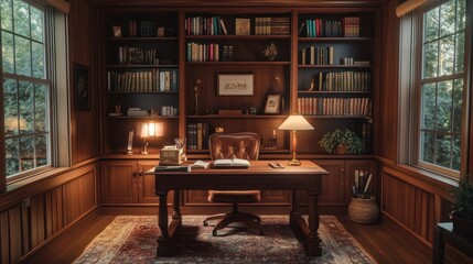 Classic study with wood desk, bookcases, and warm lighting