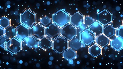 Abstract hexagonal pattern with glowing blue and gold outlines on a black background with bokeh effect