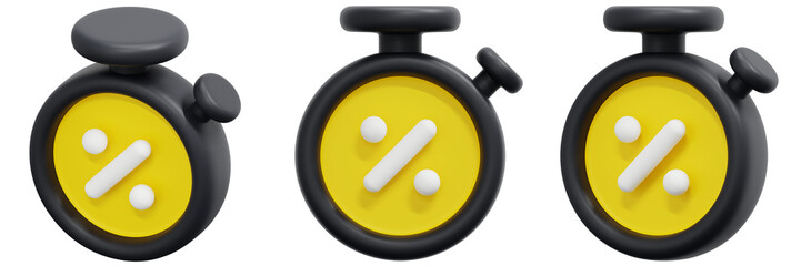 Set of 3D Rendered Yellow Stopwatches with Percentage Symbols 3d Render Icon Illustration
