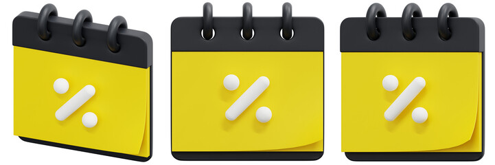 Set of 3D Yellow Calendars with White Percentage Symbols 3d Render Icon Illustration