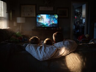 Three children watching tv at night