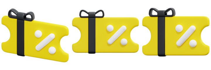 Set of Yellow Gift Coupons with Percentage Discount 3d Render Icon Illustration