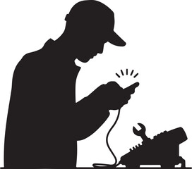 Silhouette Of Technician Repairing Machine With Wrench Isolated On White Background