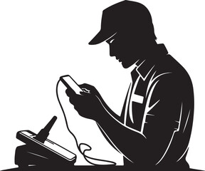 Silhouette Of Worker Using Smartphone Connected To Communication System Equipment