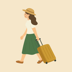 Woman wearing skirt and travel hat, flat vector illustration