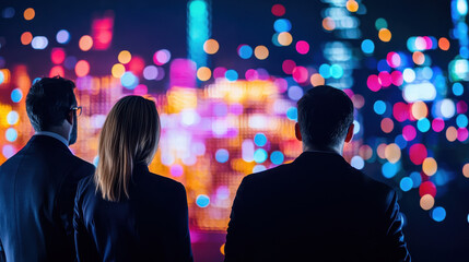 Business leaders observing vibrant cityscape illuminated by colorful lights, showcasing innovation and collaboration