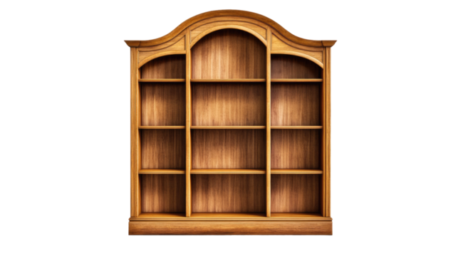 Elegant wooden bookcase with arched top and multiple shelves, ideal for displaying books or decorative items