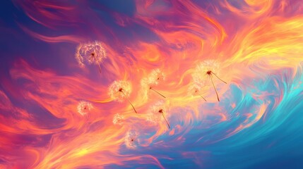 Fototapeta premium Dandelions float on colorful abstract sky in red, orange, yellow, and blue. Showcasing dreams, hope, and letting go, for creative works.