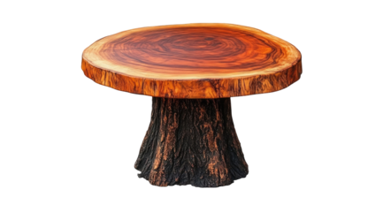 Rustic wooden table with tree trunk base.  Unique, natural design