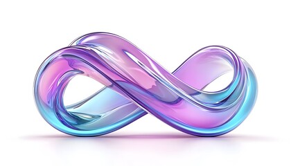 A 3D rendered, iridescent, glass infinity symbol with a blue and pink gradient