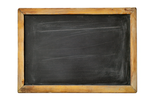 Vintage chalkboard with wooden frame and chalk marks on transparent background