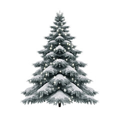 Snow covered christmas tree decorated with lights isolated on a transparent background