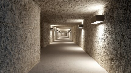 A long, narrow, and dimly lit tunnel with a rough, textured wall on one side.