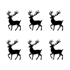 Silhouettes of six majestic deer with large antlers in various standing and walking poses, arranged in two rows on a white background, ideal for wildlife or nature-themed design.