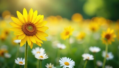 Obraz premium One bright yellow sunflower among white daisies, individuality, isolated