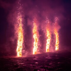 Erupting Flames: Fiery Pillars in the Night