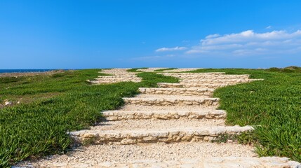 A stone staircase leading to the ocean.