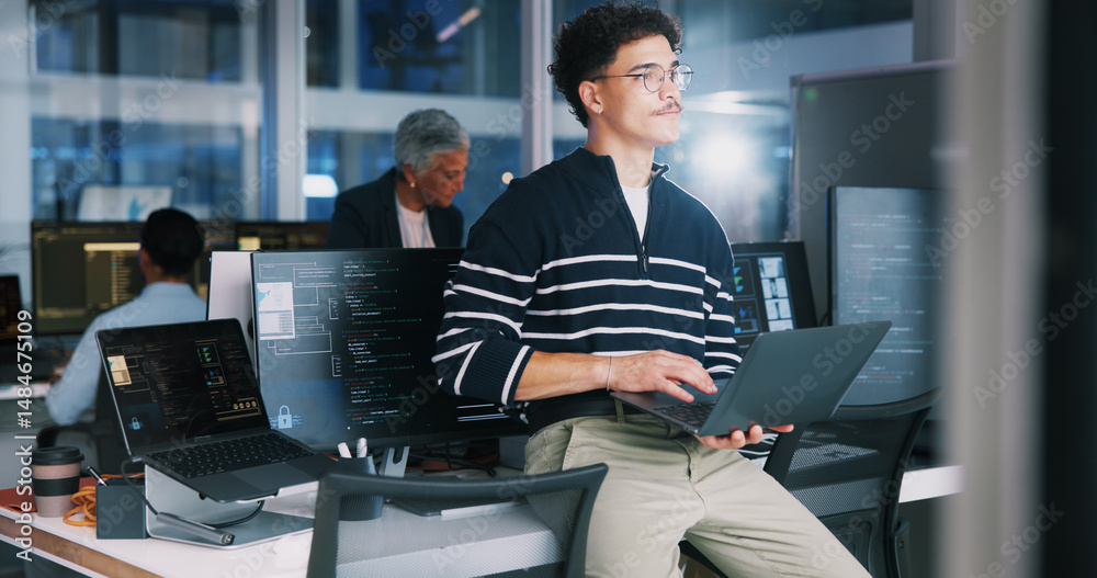 Fototapete Coding, man and thinking with laptop in office for debugging solution, software update or app development deadline. Night, coder or technology for website troubleshooting, problem solving or overtime