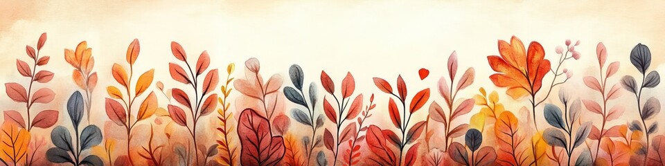Watercolor Floral Background, Botanical Design in Pastel Colors, Autumnal Leaves, Horizontal Banner