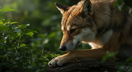 Fototapeta premium Wolf Resting in Green Forest Undergrowth Watching Down