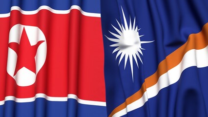 Flags of KOREA NORTH and MARSHALL ISLANDS with realistic cloth texture