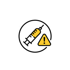 Medical syringe icon with warning sign in minimalistic style  