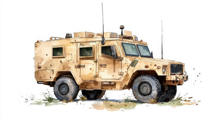 Obraz premium Detailed watercolor illustration of military vehicle, showcasing its rugged design and camouflage color. vehicle stands grassy terrain