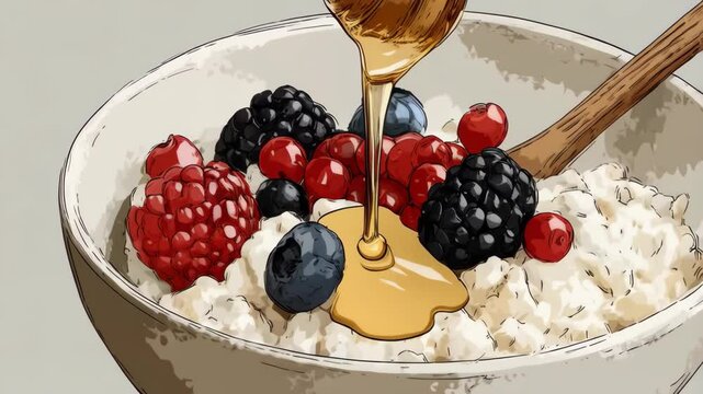 Drawing of a bowl with cottage cheese, fresh berries and honey being drizzled in. Breakfast cartoon close up image.