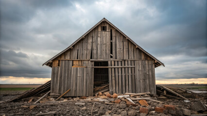 Great old wooden barn in field with cloudy sky evokes sense of depression and history from great depression era