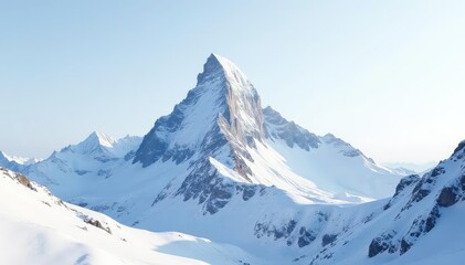 Obraz premium Snow-covered mountain peak against a bright white sky, background, adventure, icy