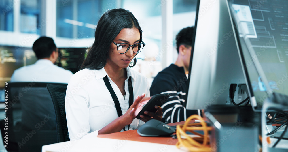 Poster Computer, businesswoman and developer with smartphone in office, coding software and download app. Coworking, female person and programmer with mobile for reading info, SEO update and typing on break