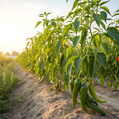Obraz premium Chili plants growing with green chilies hanging in clusters.