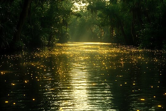 Golden river through a misty forest
