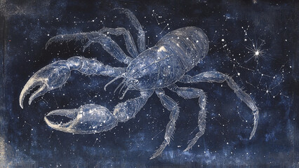 Artistic representation of Scorpio constellation with crab shape on starry night background, Birth Chart Analysis , for Astrology blog banners, birth chart readings, online astrology courses 
