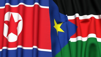 Naklejka premium Flags of KOREA NORTH and SOUTH SUDAN with realistic cloth texture