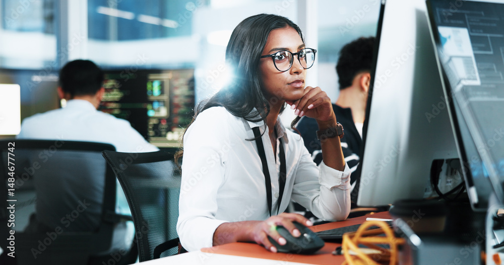 Poster Coding, woman and thinking with laptop in office for debugging solution, app development deadline and insight. Night, coder and technology for website troubleshooting, problem solving and system test