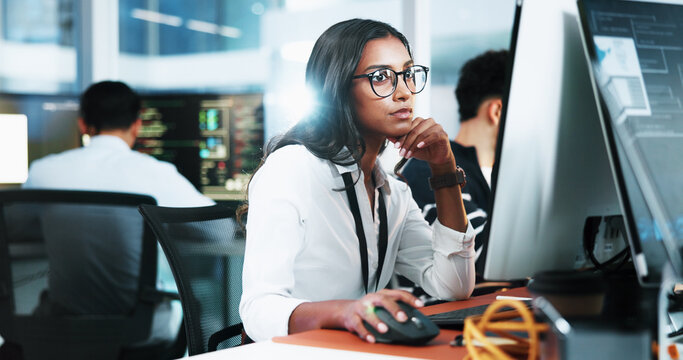 Coding, woman and thinking with laptop in office for debugging solution, app development deadline and insight. Night, coder and technology for website troubleshooting, problem solving and system test